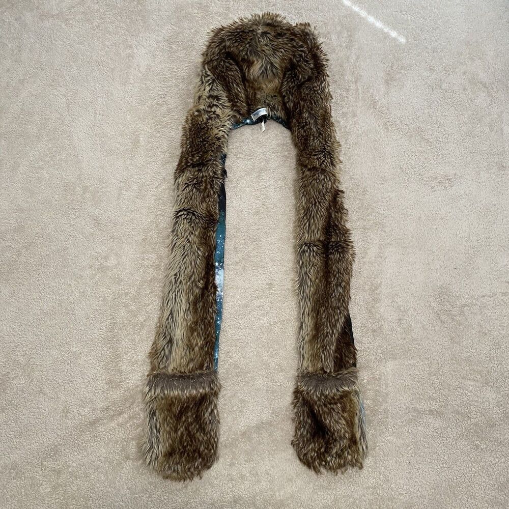 Wolf Faux Fur Animal Hood Hat One Size 3-in-1 Scarf Mittens Paws Rave Festival - Picture 2 of 12